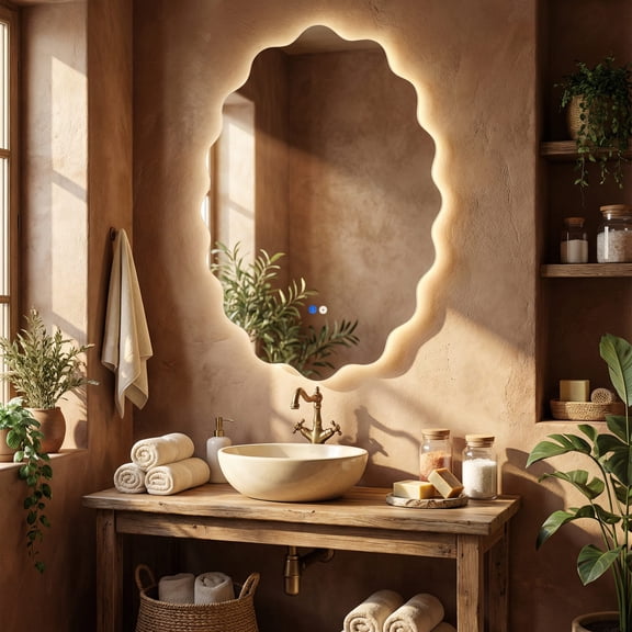 Fahomiss Oval LED Bathroom Mirror with Lights, Wavy Anti-Fog Wall Vanity Mirror, 3 Colors Dimmable, Memory, 1-Pack, 24"x36"