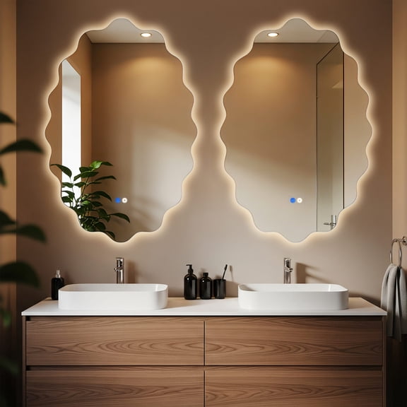 Fahomiss Oval LED Bathroom Mirror with Lights, Wavy Anti-Fog Wall Vanity Mirror, 3 Colors Dimmable, Memory, 1-Pack, 24"x36"
