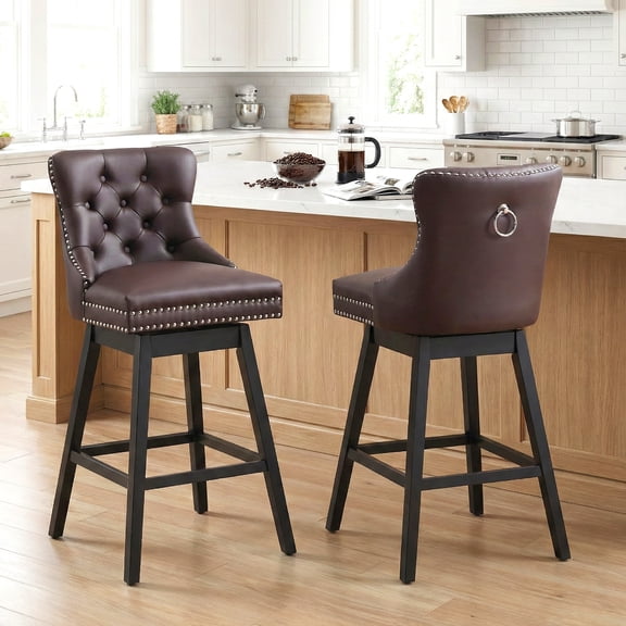 Fahomiss Swivel Bar Stools Set of 2, 30" Bar Height Faux Leather Chairs with Back for Home Bar, Brown