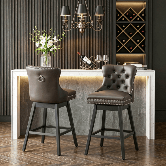 Fahomiss 30" Set of 2 Swivel Bar Stools with Back, Modern Upholstered Bar Height Faux Leather Barstools for Home Bar Kitchen Dining, Brown