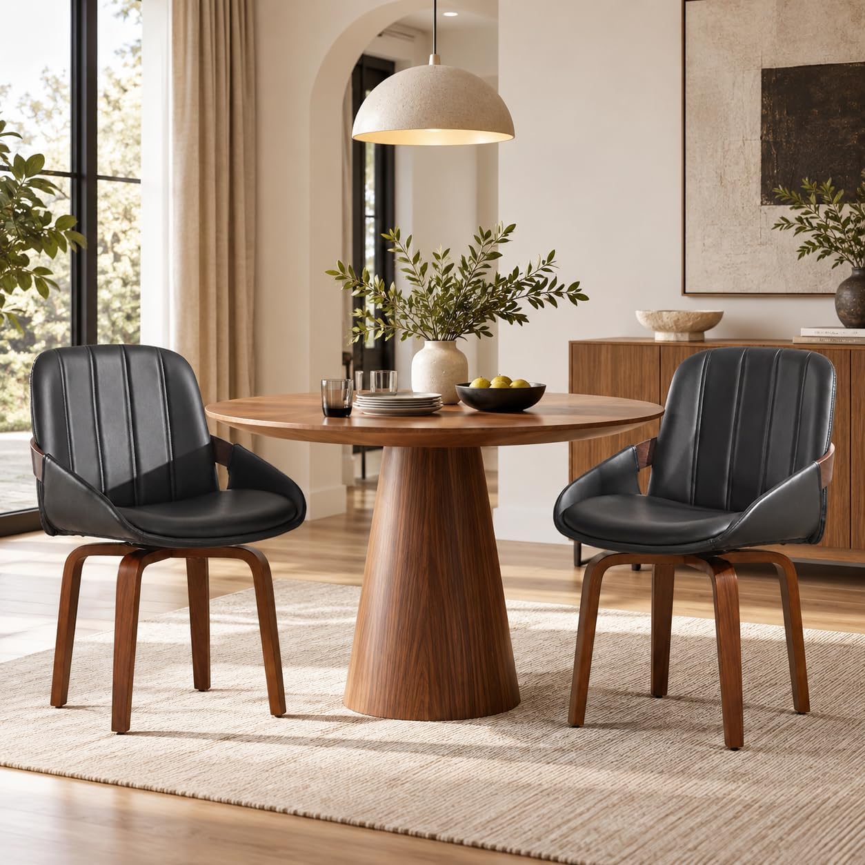Fahomiss Swivel Dining Chair Set of 2 - Mid-Century Modern Kitchen PU Leather Chairs with Bentwood Legs & Arms, 360° Swivel Dining Seatings for Dining, Restaurants, Black Finish