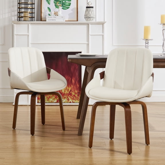 Fahomiss Swivel Dining Chair Set of 2 - Modern Kitchen PU Leather Chairs with Bentwood Legs & Arms, 360° Swivel Dining Seatings for Dining, Restaurants, White Finish