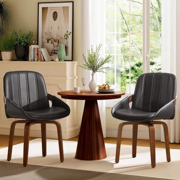 Fahomiss Swivel Dining Chairs Set of 2, Mid-Century Modern Black Leather Kitchen Chairs with Bentwood Legs