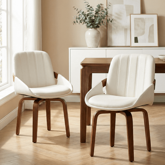Fahomiss Swivel Dining Chair Set of 2, Mid Century Kitchen Chairs White PU Leather