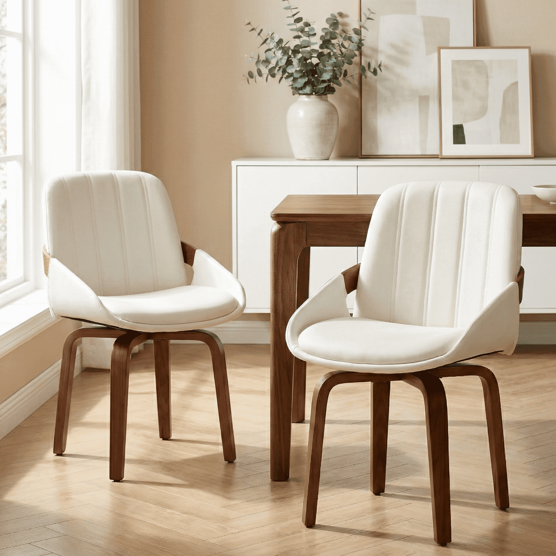 Fahomiss Swivel Dining Chairs Set of 2, Mid-Century Modern White Leather Kitchen Chairs with Bentwood Legs