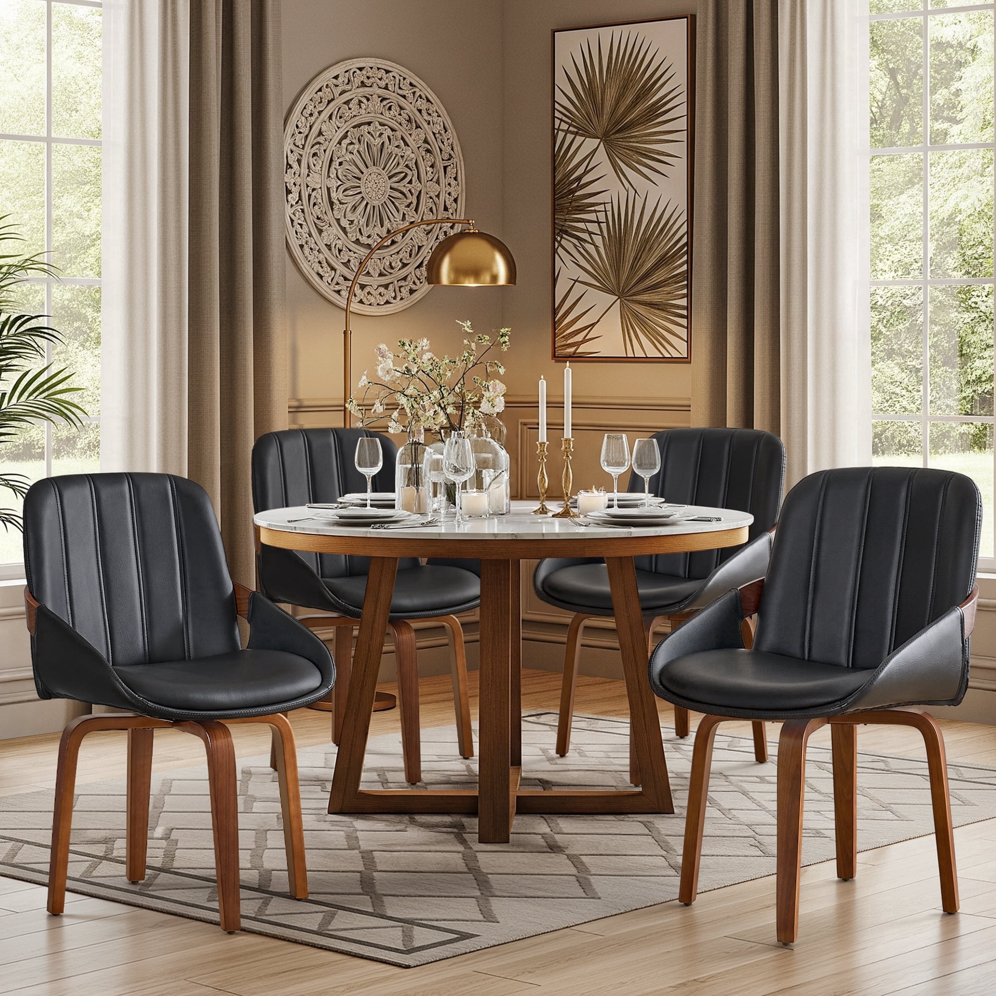 Fahomiss Swivel Dining Chairs Set of 4, Mid-Century Modern Black Leather Kitchen Chairs with Bentwood Legs