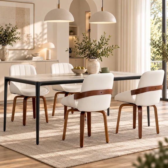 Fahomiss Swivel Dining Chairs Set of 4, Mid-Century Modern White Leather Kitchen Chairs with Bentwood Legs