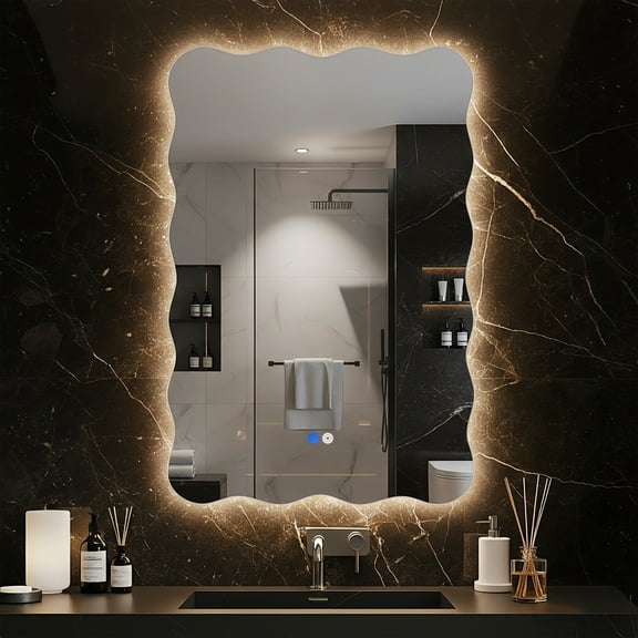 Fahomiss Wavy LED Bathroom Mirror with Lights, Wavy Anti-Fog Wall Vanity Mirror, 3 Colors Dimmable, Memory, 1-Pack, 20"x30"