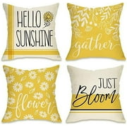 Fahrendom Hello Sunshine Decorative Throw Pillow Cover 18 x 18 Set of 4  Spring Summer Yellow Daisy Floral Flower Porch Patio Outdoor Pillowcase  Just Bloom Gather Sofa Couch Cushion Case