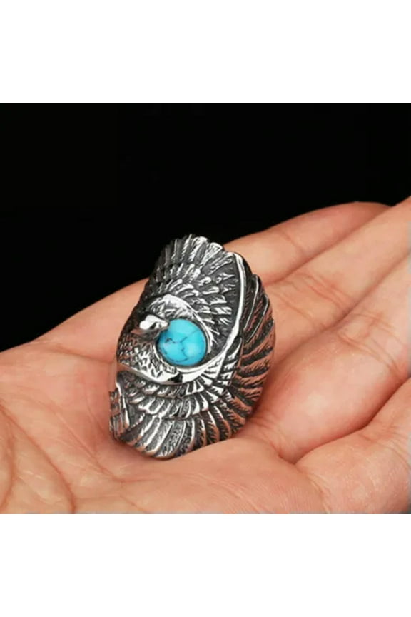 Fahsion Mens Women Jewelry Eagles Inlay Turquoise Titanium Steel Ring Sz 8-13