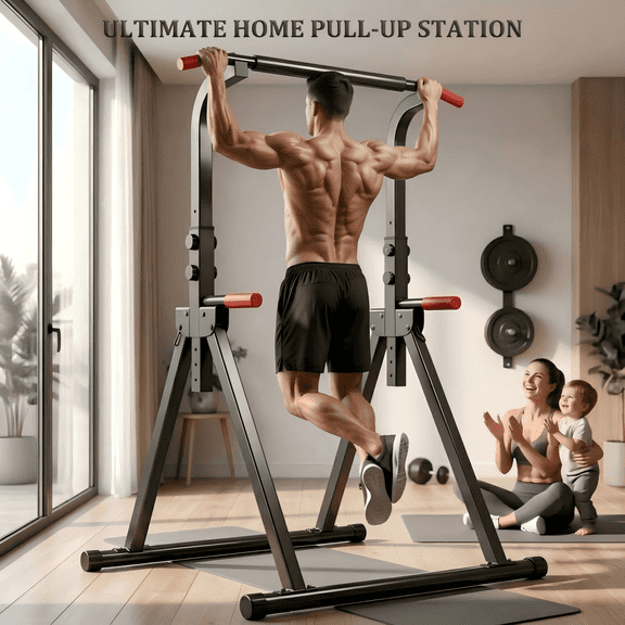 Fahuac Foldable Pull Up Bar Standing Power Tower - Multi-Function Dip Station, 6-Level Adjustable Height Strength Training Fitness Equipment for Home Gym, 440lbs Max