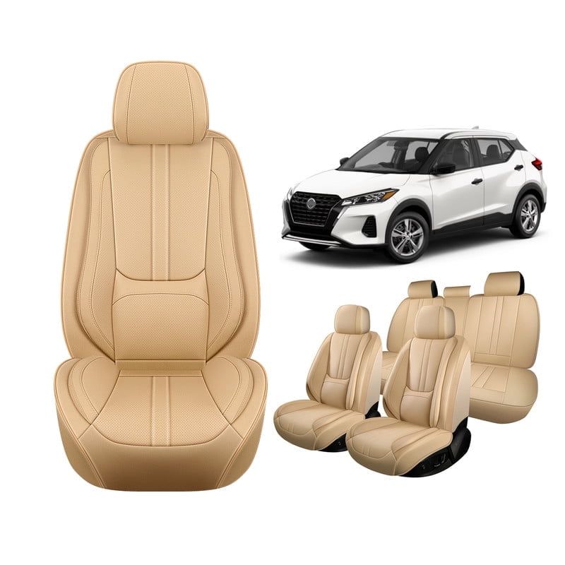 Car Seat Covers Full Set for Nissan Kicks 2018-2025,Breathable Faux Leather Luxury Automotive Interior Accessories with Lumbar Support Beige