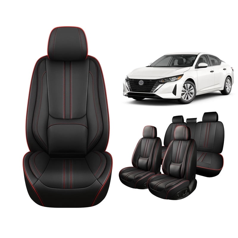 Car Seat Covers for Nissan Sentra 2013-2024 2025, Waterproof Nappa Leather Luxury Automotive Interior Accessories  with Lumbar Support Black-Red