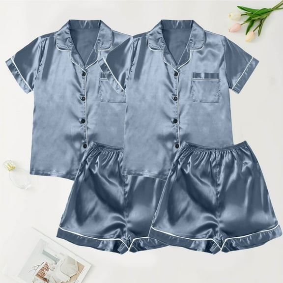 Fainosmny 2-Packs Women Pajams Set Satin Silk Female Button Down Short Sleeve Shirts Shorts Set Solid Color Silk Sleepwear Loungewear Blue
