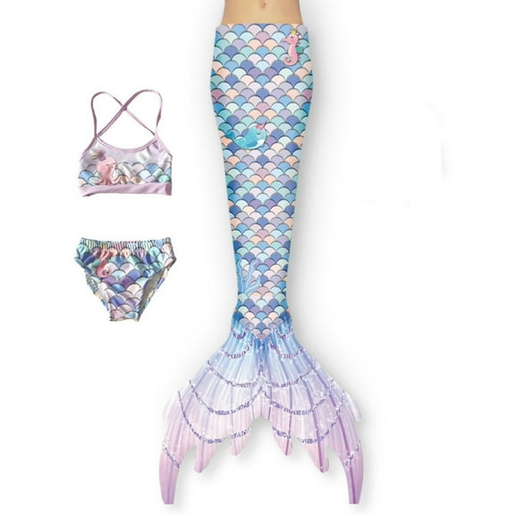 Fainosmny 3 Piece Girls Swimsuit Bathing Suits Bikini Tail Set For Girls Swimwear Girls Swimwear Light Purple 110/(4-5 Years)