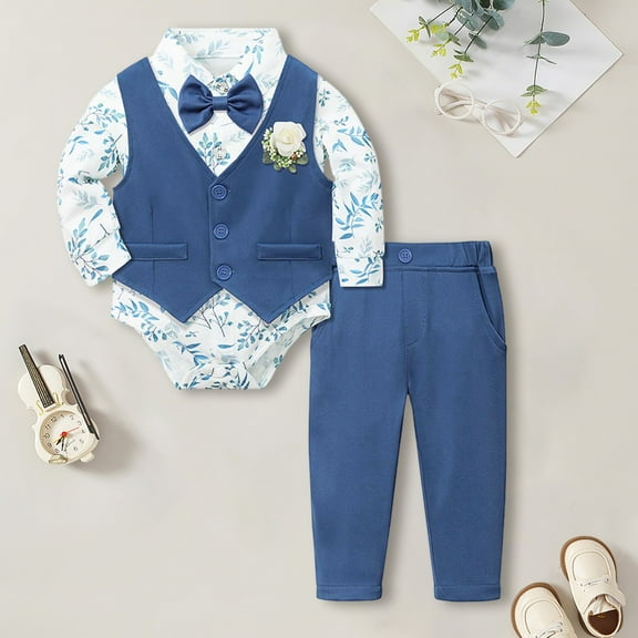 Fainosmny Baby Boy Clothes Suits Tuxedo Gentleman Outfits Formal Dress Shirt+Vest+Pants Baby Suit Sets Boys Outfits&Set Blue 80/(6-12 Months)