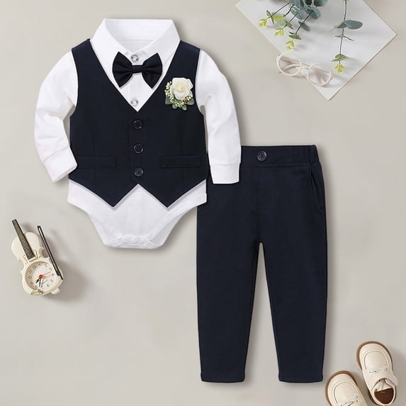 Fainosmny Baby Boy Clothes Suits Tuxedo Gentleman Outfits Formal Dress Shirt+Vest+Pants Baby Suit Sets Boys Outfits&Set Navy 70/(3-6 Months)