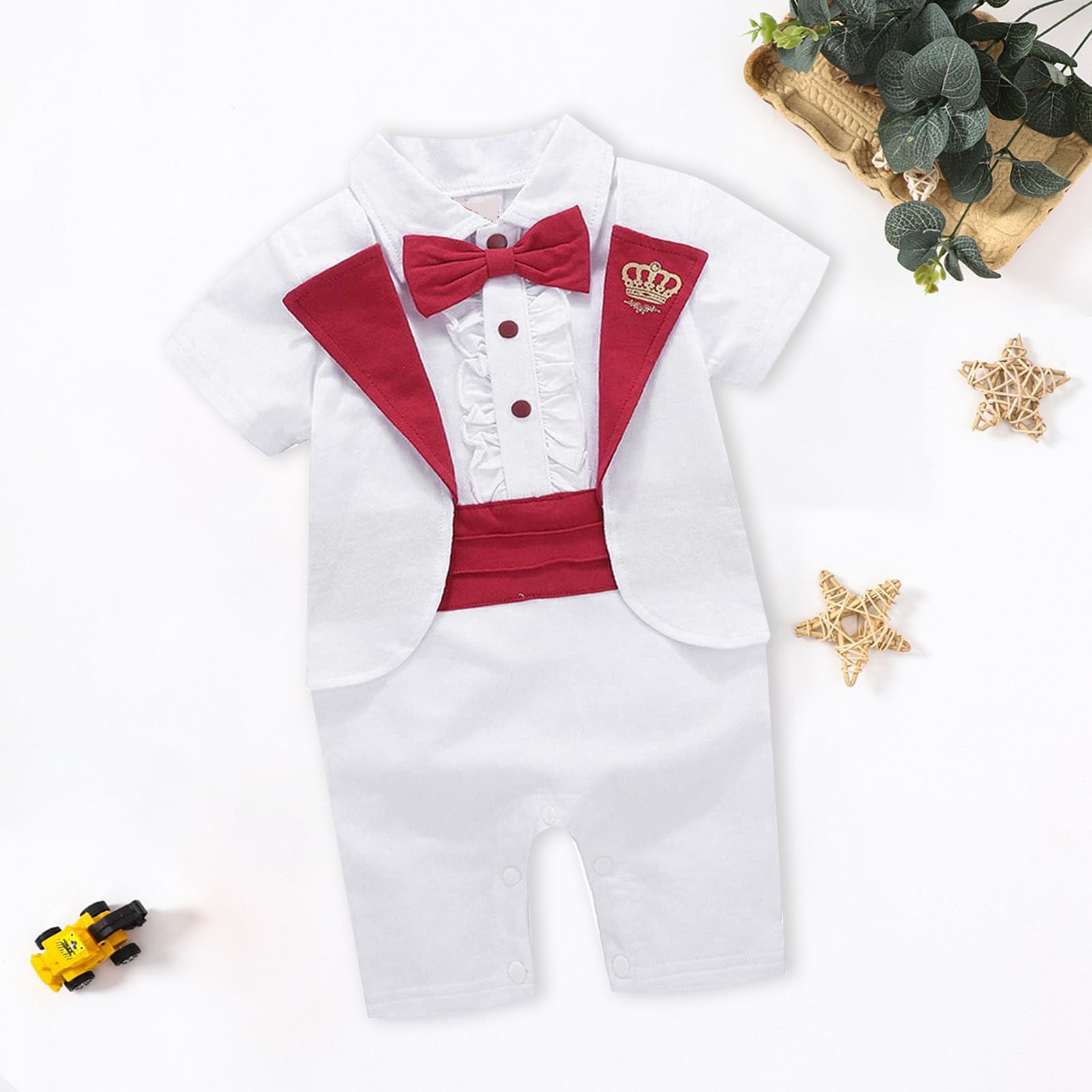 Baby Boy Gentleman Onesie - White Tuxedo Romper With Bowtie For 0-18 Months