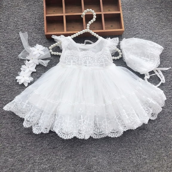 Fainosmny Baby Girls Dresses Gown Evening Stylish Baby Girls Dress Lace Crochet Dress O Neck Ruffled Sleeve Dress Preemie White 0M-3M