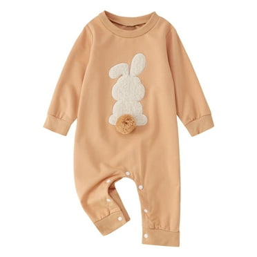 Fainosmny Baby Romper Jumpsuit Happy Easter Day Baby Boy Girl Jumpsuit Children'S Clothing Embroidered Bunny Romper Suit Bunny Graphic Baby Clothes Beige 6M-12M