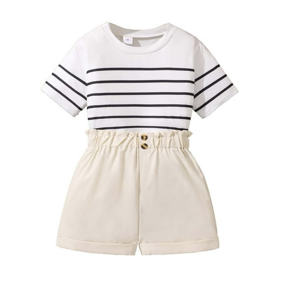 Fainosmny Girls' Casual Striped 2 Piece Set | Summer Short Sleeve Top & Floral Bloomer Shorts Girls Outfits&Set White 7-8 Years