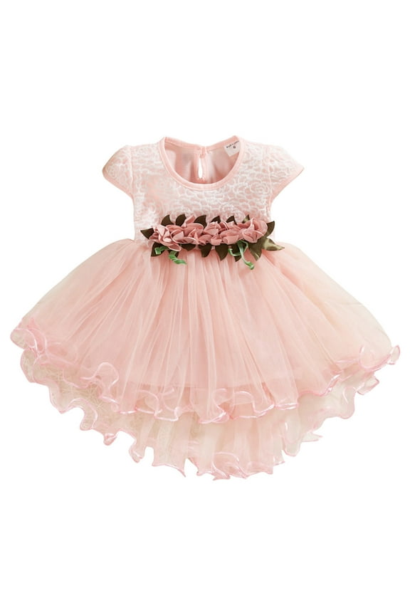 Baby Girls Dresses Gown Evening Stylish Toddler Baby Kids Girls Flowers Floral Ruched Princess Dresses Clothes Preemie Pink 12M-18M
