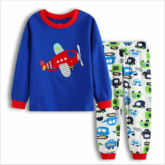 Fainosmny Toddler Baby Boys Pajamas Kids 2 Piece Pj'S Long Sleeve Cartoon Airplane Sleepwear Clothes Set Outfits Blue 6Y-7Y