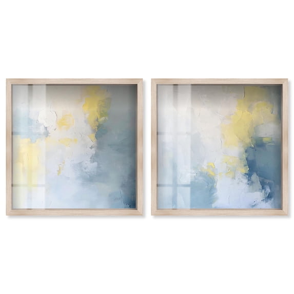 Faint Serenity Duet Shadowbox Print Blue And Sage Wall Decor Set by Art Remedy, Blonde Frame, 16 x 16