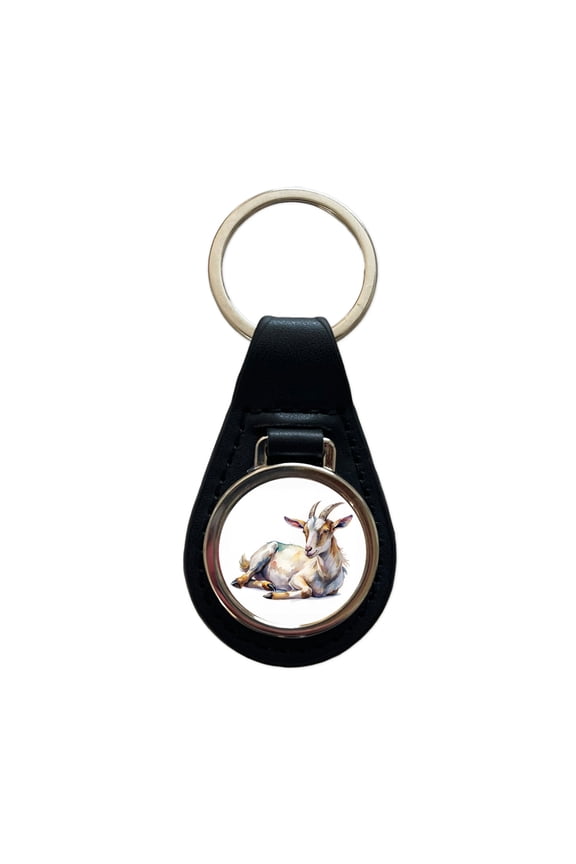 Fainting Goat Lying On Its Side Watercolor Metal Black Leather Keychain