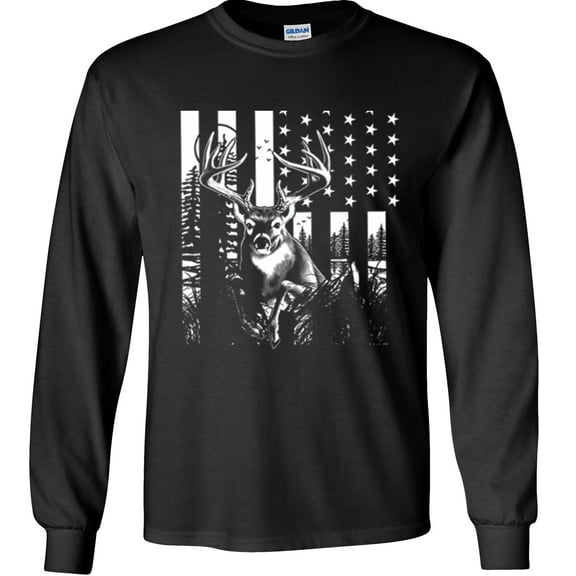 Fair Game Deer US Flag Long Sleeve Shirt, Buck American Flag, Hunting Graphic Tee-Black-2x
