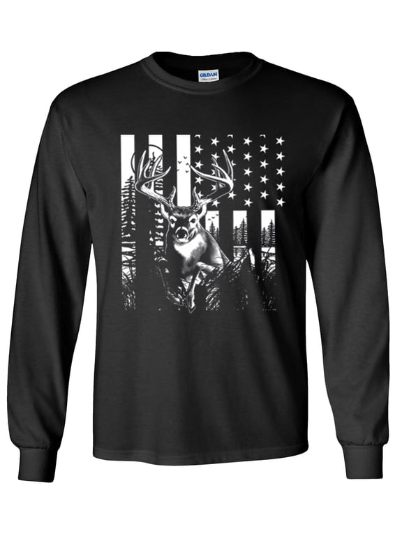 Deer US Flag Long Sleeve Shirt, Buck American Flag, Hunting Graphic Tee-Black-2x