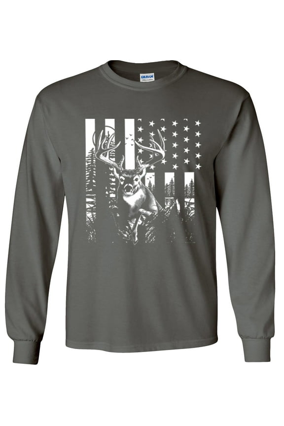 Deer US Flag Long Sleeve Shirt, Buck American Flag, Hunting Graphic Tee-Charcoal-Large