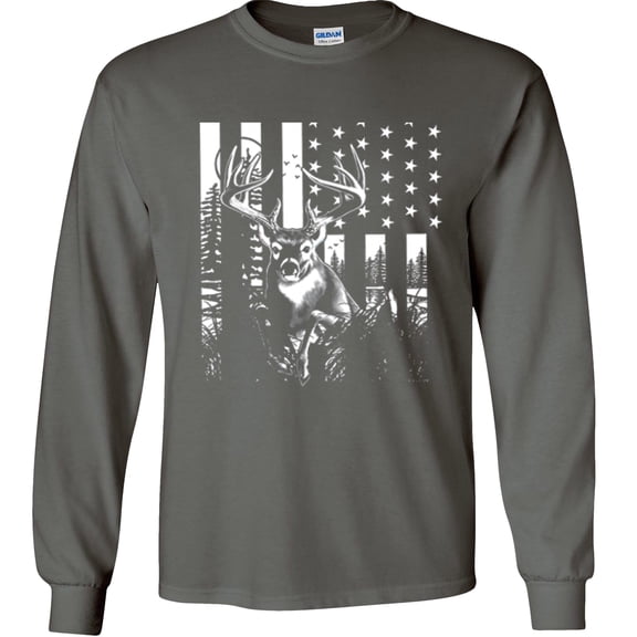 Fair Game Deer US Flag Long Sleeve Shirt, Buck American Flag, Hunting Graphic Tee-Charcoal-Small
