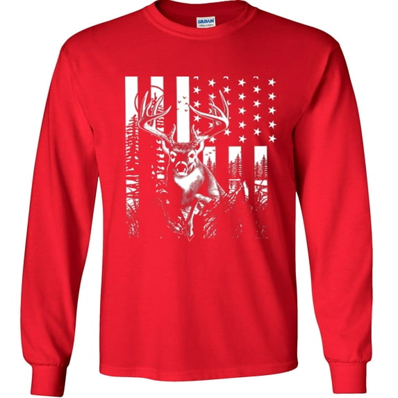 Fair Game Deer US Flag Long Sleeve Shirt, Buck American Flag, Hunting Graphic Tee-Red-XL