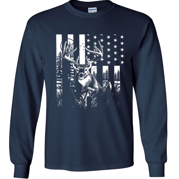 Fair Game Deer US Flag Long Sleeve Shirt Buck American Flag-Navy-4x