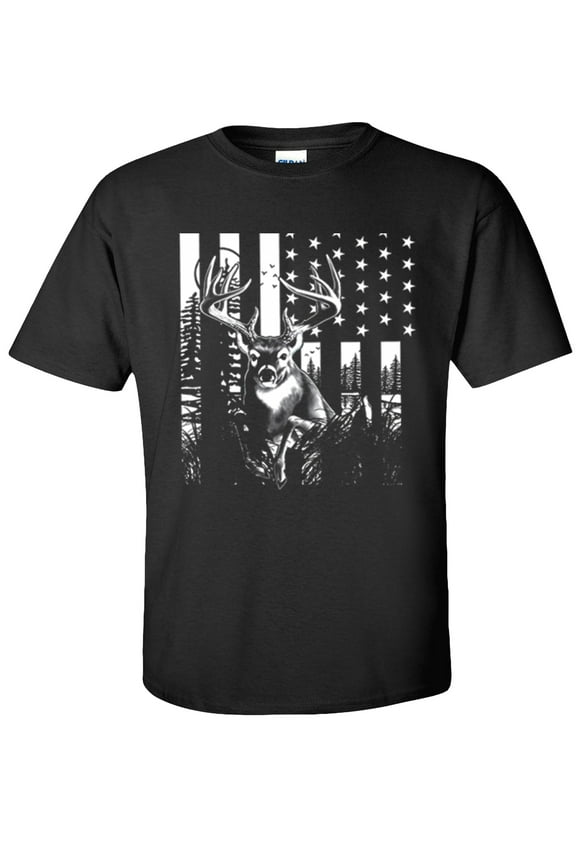Deer US Flag T-Shirt, Buck American Flag, Hunting Graphic Tee-Black-XL