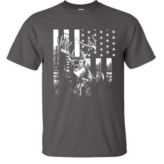 Fair Game Deer US Flag T-Shirt, Buck American Flag, Hunting Graphic Tee-Charcoal-M