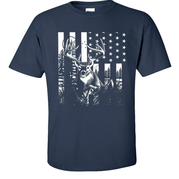 Fair Game Deer US Flag T-Shirt, Buck American Flag, Hunting Graphic Tee-Navy-M