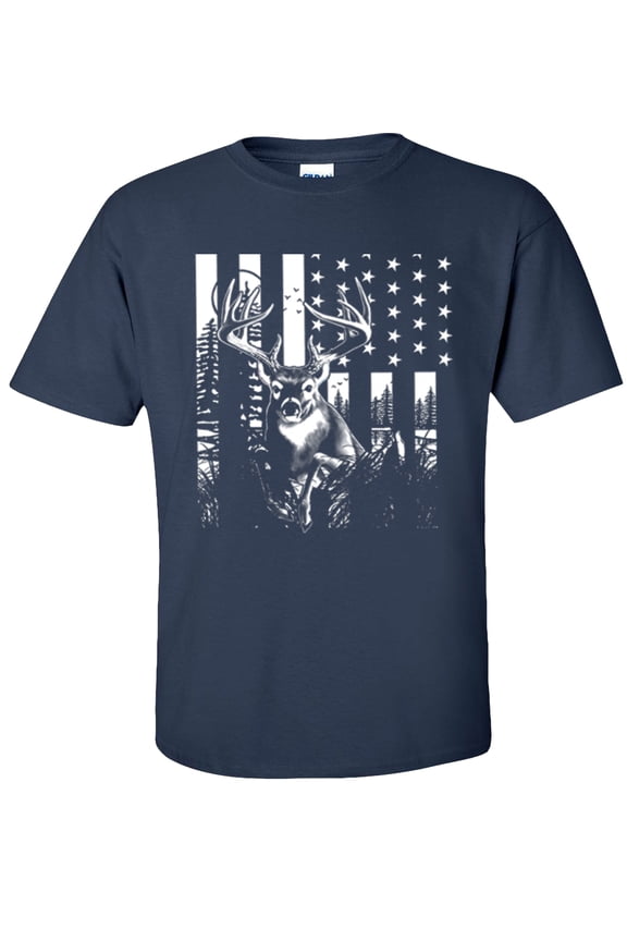 Deer US Flag T-Shirt, Buck American Flag, Hunting Graphic Tee-Navy-S