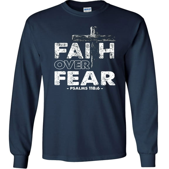 Fair Game Faith Over Fear Long Sleeve Shirt, Christian Graphic Tee-Navy-Large