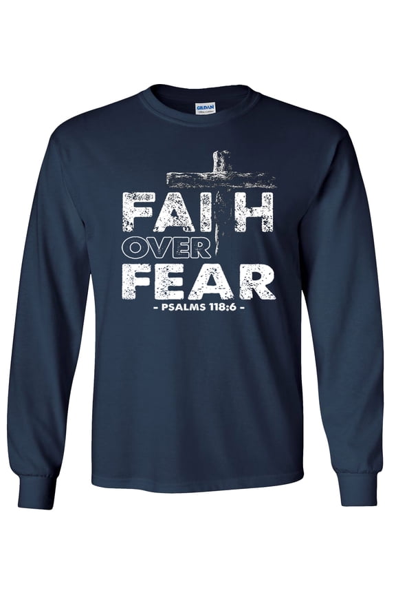 Faith Over Fear Long Sleeve Shirt, Christian Graphic Tee-Navy-Large
