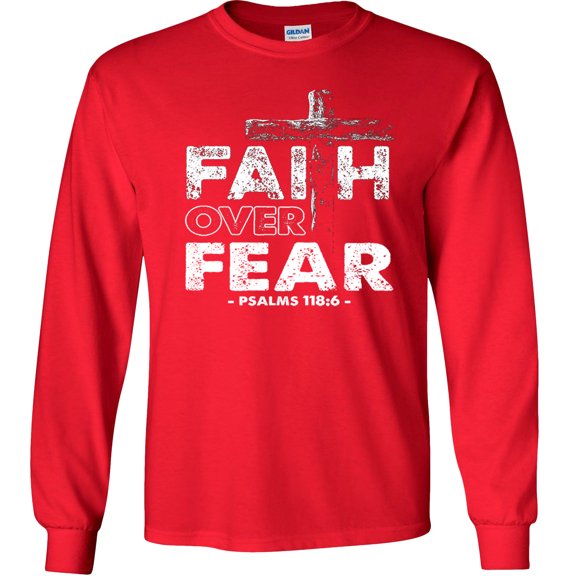 Fair Game Faith Over Fear Long Sleeve Shirt, Christian Graphic Tee-Red-Medium