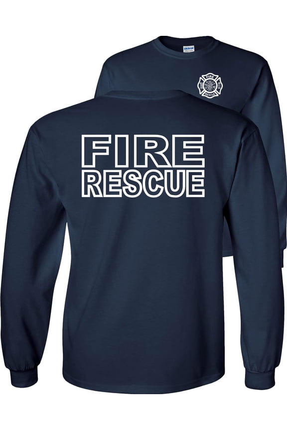 Fire Rescue Long Sleeve Shirt, Firefighter Graphic Tee-Navy-Medium