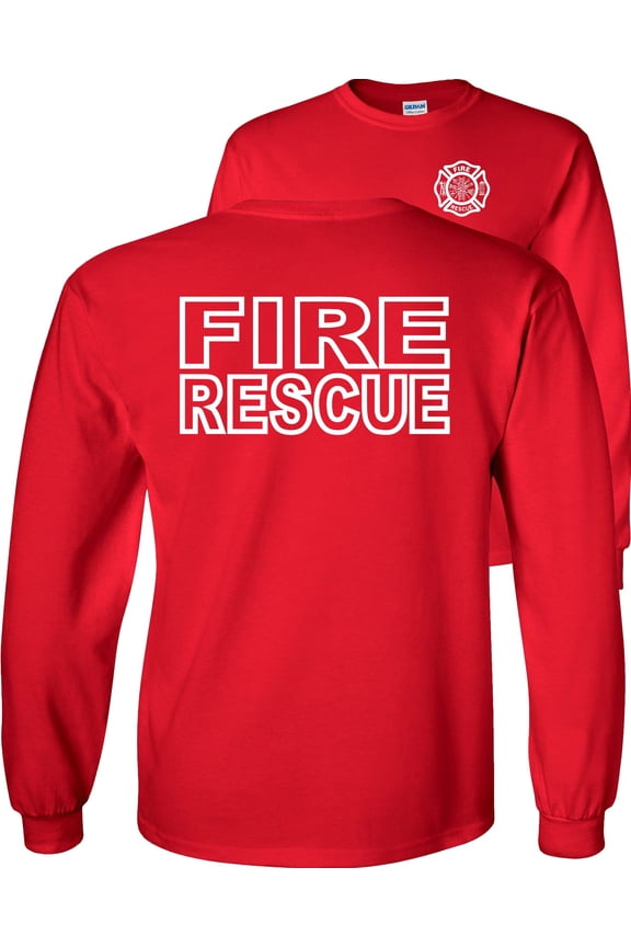 Fire Rescue Long Sleeve Shirt, Firefighter Graphic Tee-Red-Medium