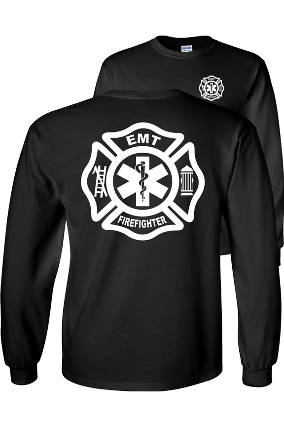 Firefighter EMT Long Sleeve Shirt Fire/EMT Graphic Tee-Black-Large