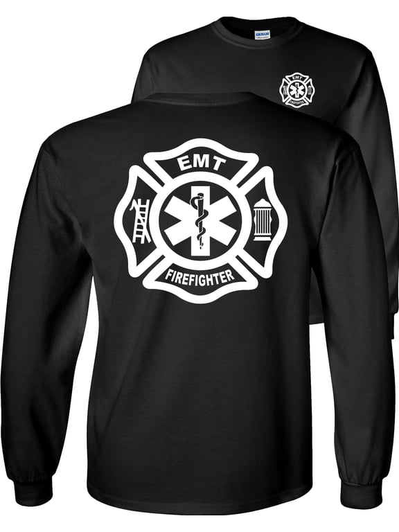Firefighter EMT Long Sleeve Shirt Fire/EMT Graphic Tee-Black-Large