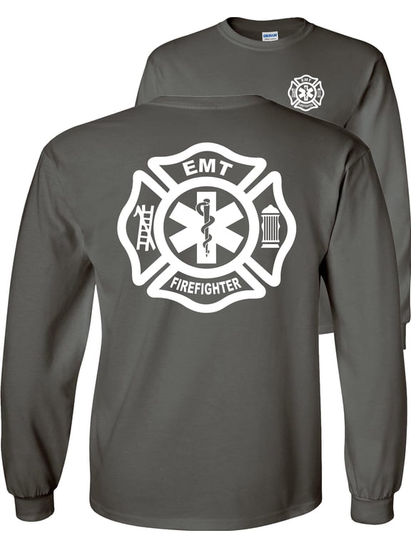 Firefighter EMT Long Sleeve Shirt Fire/EMT Graphic Tee-Charcoal-XL