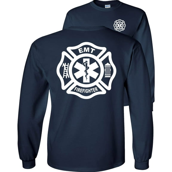 Fair Game Firefighter EMT Long Sleeve Shirt Fire/EMT Graphic Tee-Navy-Large