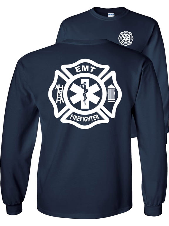 Firefighter EMT Long Sleeve Shirt Fire/EMT Graphic Tee-Navy-Small