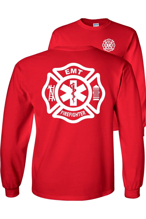 Firefighter EMT Long Sleeve Shirt Fire/EMT Graphic Tee-Red-Medium